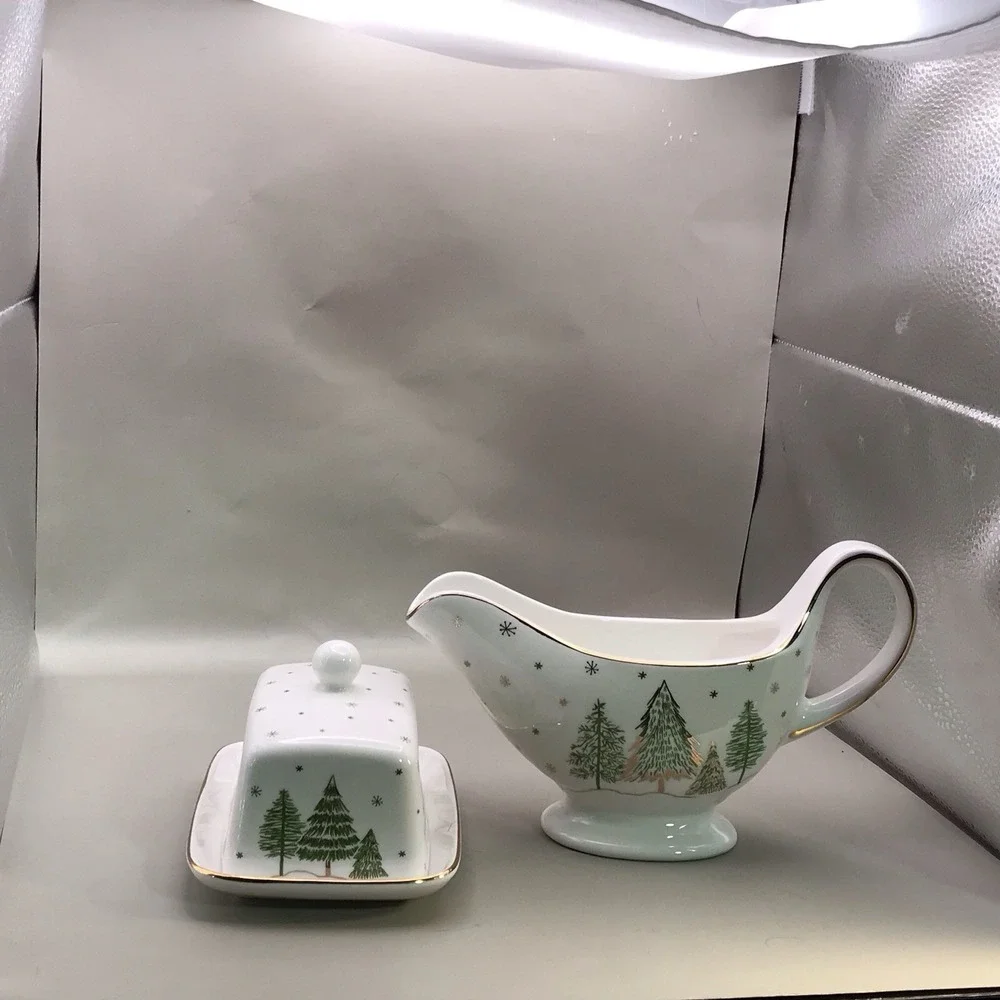 Grace Teaware Porcelain Butter Dish And Gravy Boat Trees And Snow And Gold Trim - Picture 5 of 16